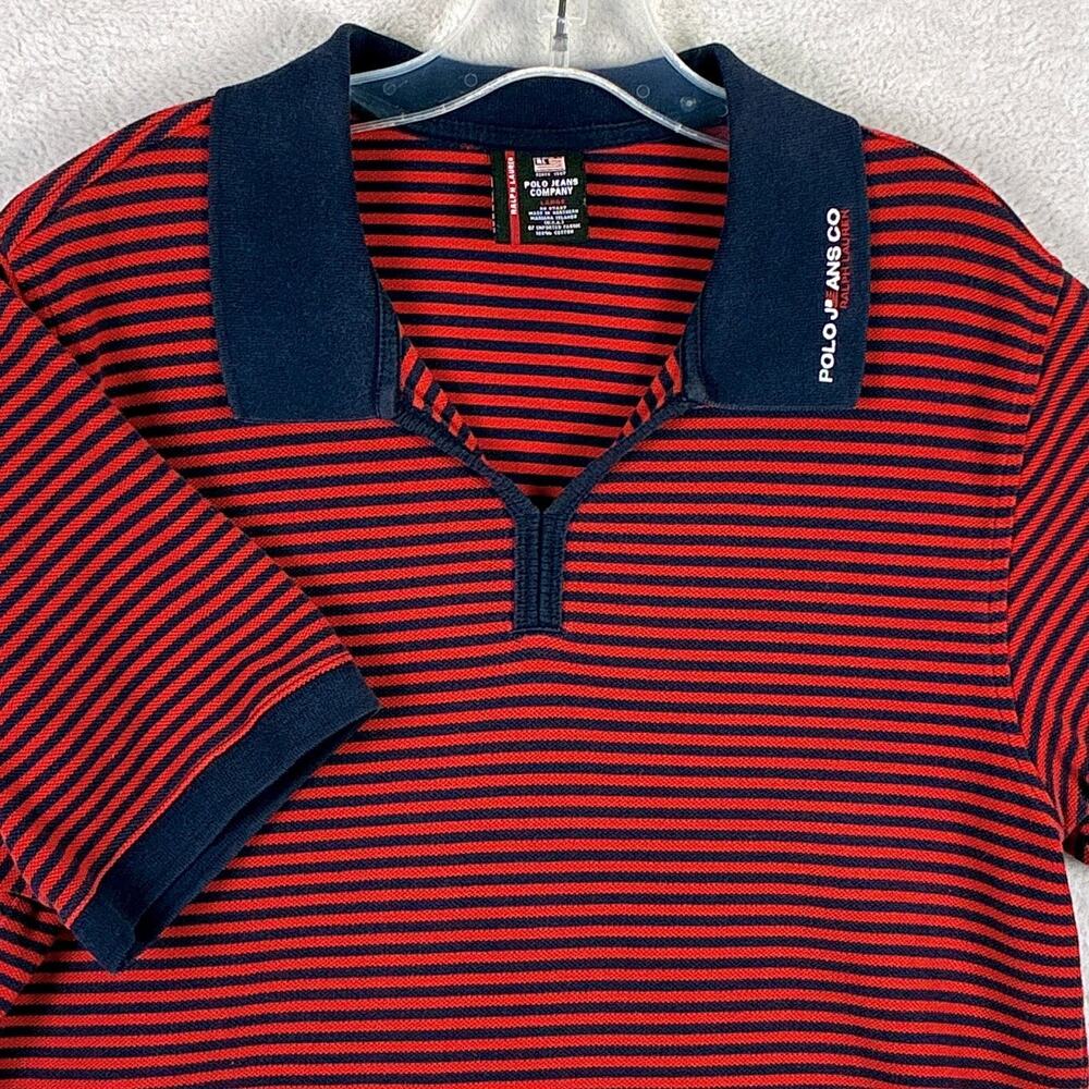 VTG Y2K Ralph Lauren Polo Jeans Co Shirt Mens L Red Blue Stripe Pique Preppy
